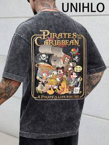 Disney UNIHLO  Mickey   Printed Summer Heavyweight Retro Washed Street Fashion Casual T-Shirt - Black - View 2