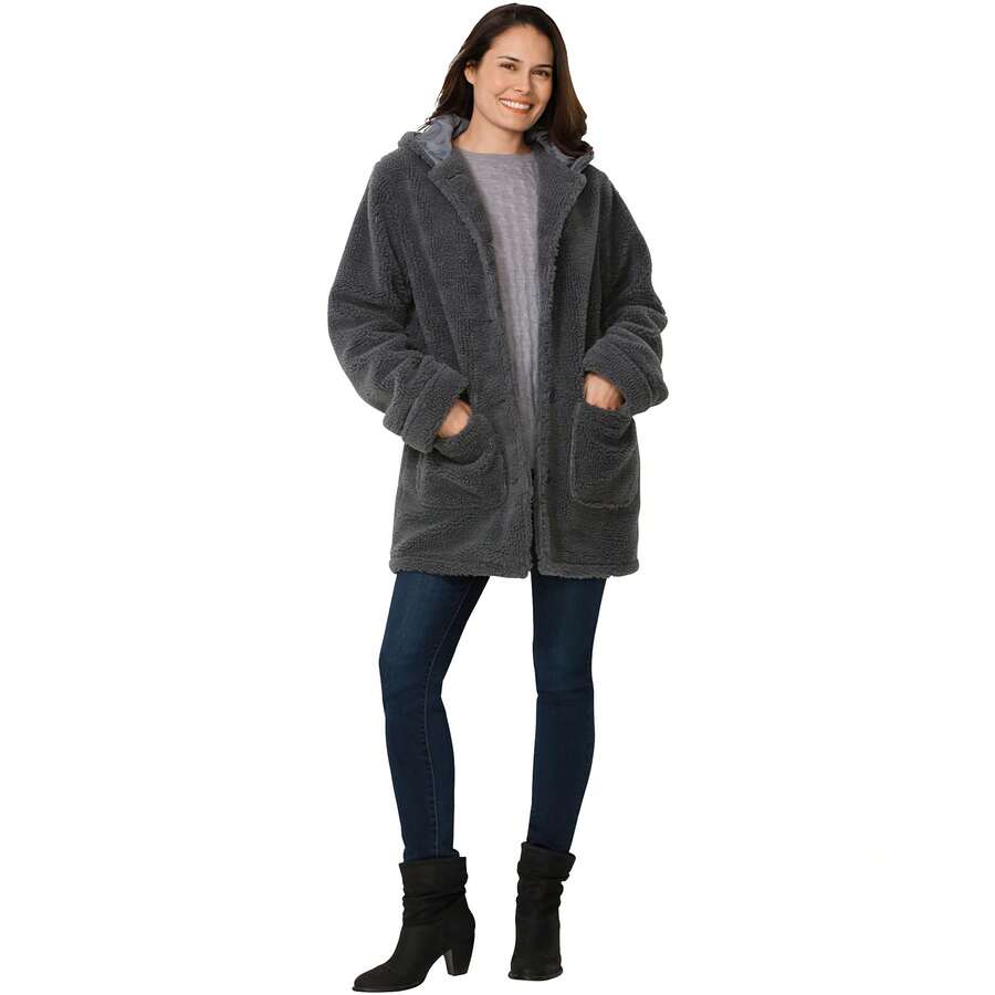 Woman Within Plus Size Short Hooded Berber Fleece Jacket - HEATHER CHARCOAL - 查看 1