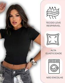 Baby Look Short Sleeve Fitted Basic Comfortable Everyday Casual Corset Effect Glamour - màu đen - Xem 5