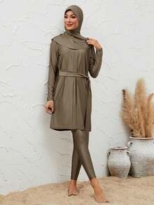VFJ Áo tắm Burkini co giãn cao dành cho nữ, cổ tròn, kiểu dáng thường ngày, cạp cao vừa phải, thích hợp cho kỳ nghỉ hè. - Màu be - Xem 2