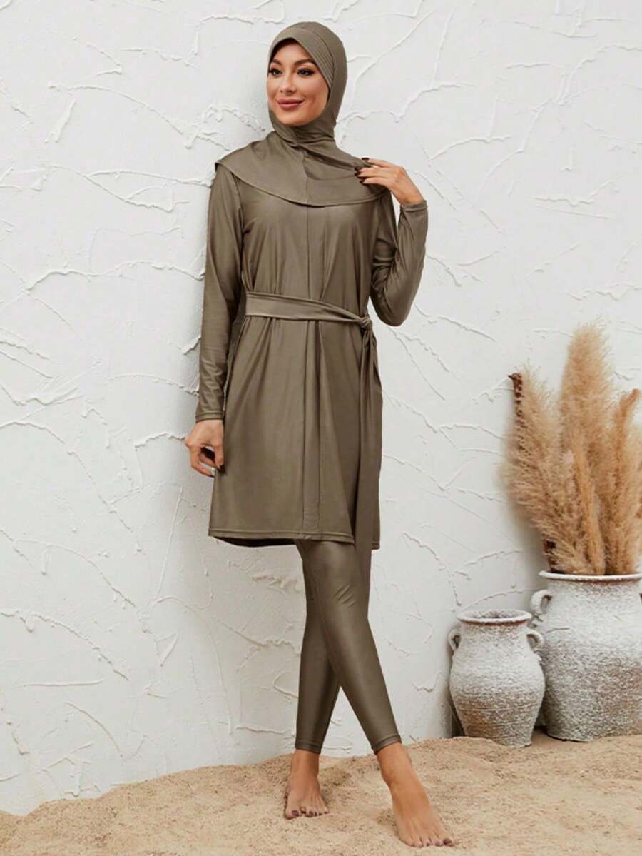 VFJ Áo tắm Burkini co giãn cao dành cho nữ, cổ tròn, kiểu dáng thường ngày, cạp cao vừa phải, thích hợp cho kỳ nghỉ hè.