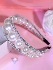1pc Elegant White Pearl Headband With Shiny Rhinestones, Princess Style, Suitable For Bride, Wedding, Celebration, Date, Party, Casual Wear - White - View 4