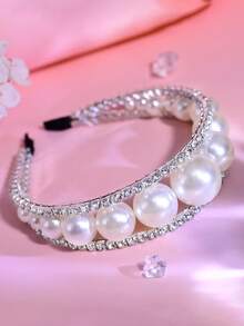 1pc Elegant White Pearl Headband With Shiny Rhinestones, Princess Style, Suitable For Bride, Wedding, Celebration, Date, Party, Casual Wear - White - View 3