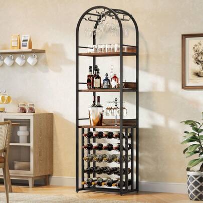 Tribesigns Wine Rack, Bottle Rack, Metal Wine Stand With Glass Holder And Wine Storage For Cellar, Bar And Storage Room, Bottle Holder With Table Top 50 X 35 X 180 Cm, Vintage Brown-Black