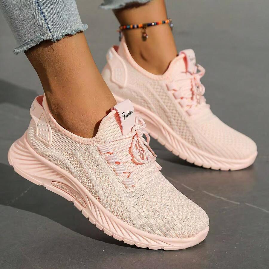 Women's Breathable Round Toe Slip-On Cushion Sneakers, Ladies' Casual Knitted Shoes - Pink - View 1
