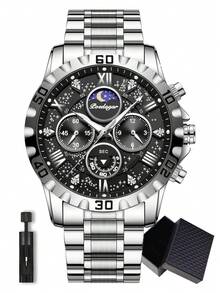 POEDAGAR 1pc Men's Sports Watch, Waterproof Chronograph, Luminous Stainless Steel Luxury Quartz Watch + Gift Box - Black - View 13