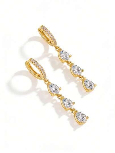 S925 Sterling Silver Teardrop Tassel Zirconia Earrings, Luxury Elegant, Suitable For Party, Daily Wear, Birthday, Christmas, Gift Box