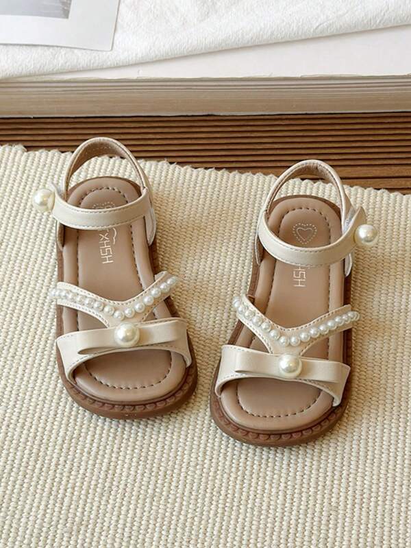 Girls' Princess Shoes, Toddler Girls' Versatile Fashion Pearl Decor Flat Sandals, Spring/Summer Girls' Hook And Loop Dress Sandals