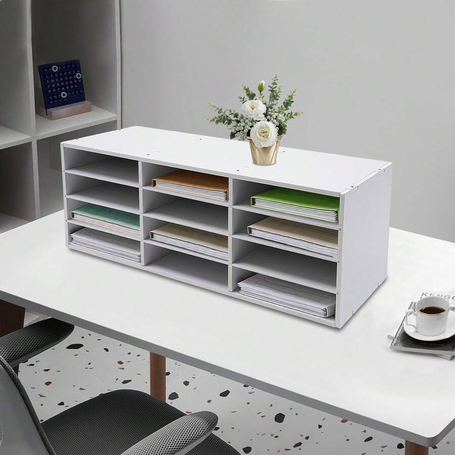Desktop-Aktenordner, weißer Literaturordner mit 12 Fächern, 4 Reihen und 3 Spalten, PVC-Papierfach für Dokumente, Post und Rechnungen - Weiss - Übersicht 1