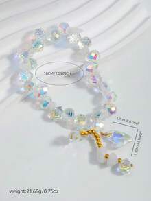 1pc Summer Woven Shiny Bracelet, Sea Blue Iridescent Heart Charm Elastic Bracelet, Teens & Girls Jewelry - Style 1 - View 4