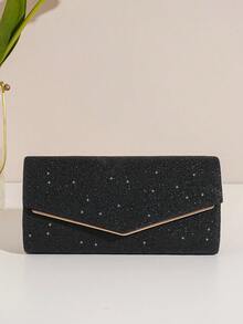 Women's Glitter Envelope Clutch, Sparkly Evening Party Handbag With Gold Chain Strap & Metallic V Detail, Prom Wedding Banquet Shoulder Crossbody Bag - 黑色 - 查看 2