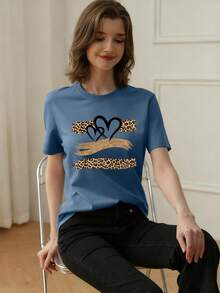 Men's Fashion Explosion Short Sleeves. Casual Summer T-Shirt For Women With Vintage Leopard Print And Heart Design, Round Neck, Short Sleeves, For Everyday Wear. - 藍色 - 查看 2