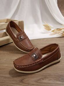 Boys' Flat Slip-On Shoes, Pure PU Leather, Handmade Stitching Design, Comfortable Flat Shoes For Spring/Autumn Travel & Casual Activities, Loafers - Brown - View 6