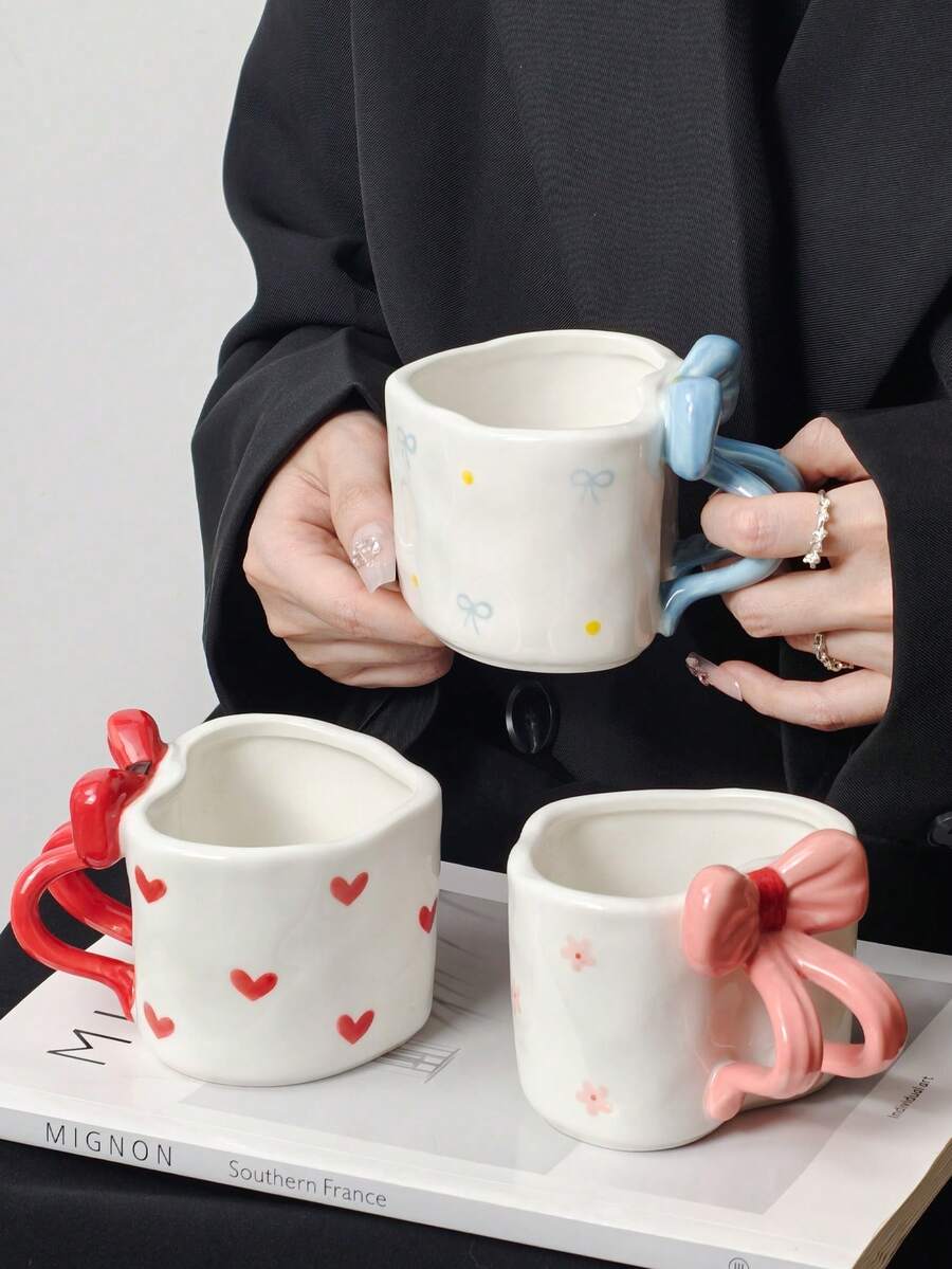 1pc Handmade Asymmetrical Ceramic Mug, Coffee Cup, Unique Butterfly Handle, Afternoon Tea Cup, Heart-Shaped Water Cup, Reusable, Hand Wash Only, Valentine's Day Gift - Multicolor - View 1