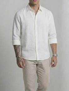 Set Of 2 Men's Long-Sleeved Linen Dress Shirts, Old Money Style, Viscose Linen, Cool, Casual, Italian Collar, Elegant - 白色/棕色 - 查看 8