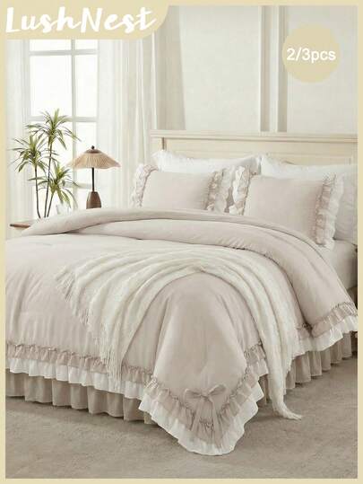 2pcs/3pcs Ruffled Duvet Cover Set (1 Duvet Cover + 2 Pillow Shams, No Filler), White, Beige And Gray Combination, Fresh Countryside Style, Fashionable And Cute Classic, Comfortable And Breathable Polyester Fiber, Suitable For All Seasons, Bedroom Decor, Bow Tie Bedding, Ruffle Bedding, Rustic Charm, Home Textile, Bedroom Aesthetics, Comfortable Layering