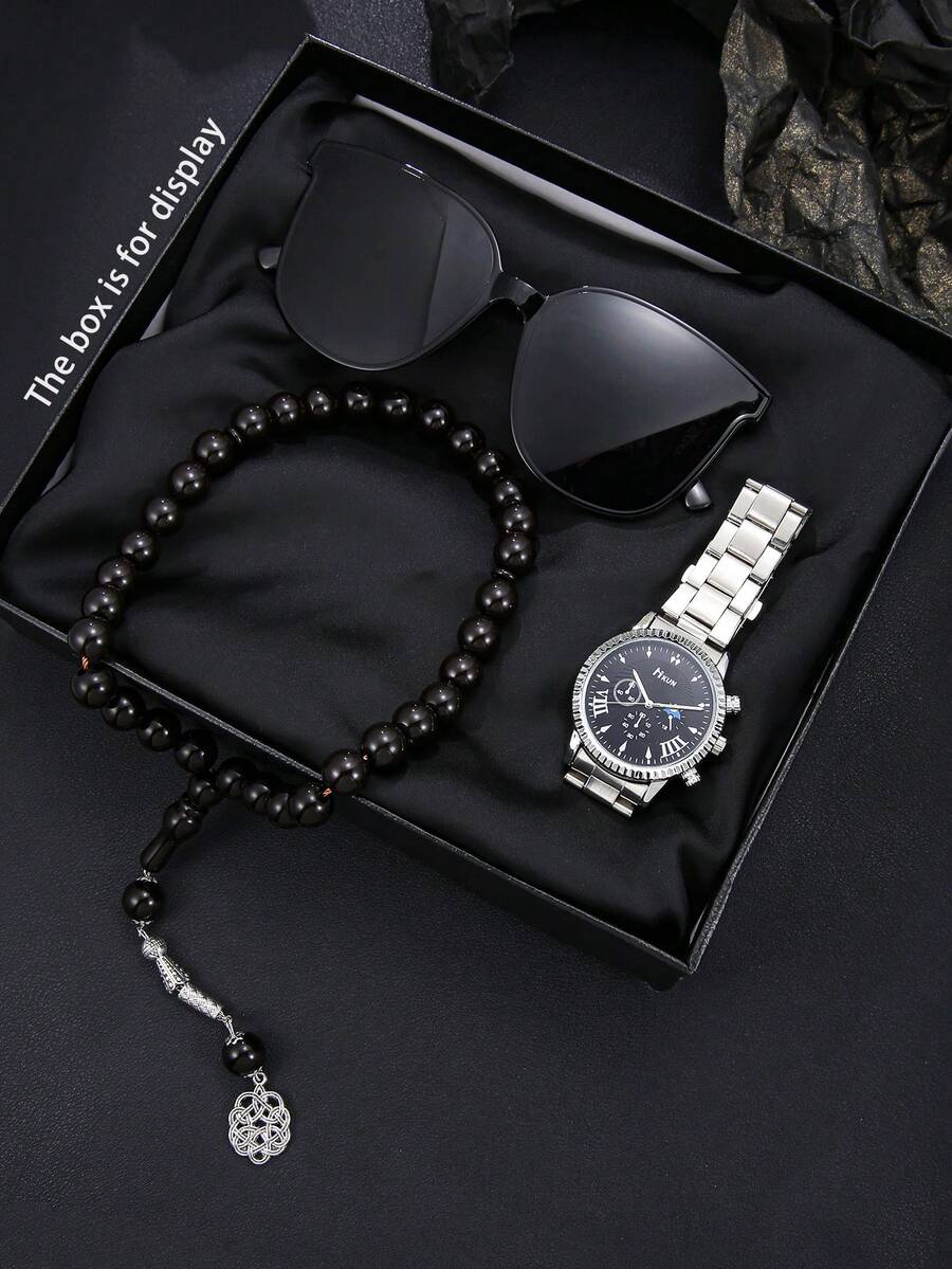 3pcs Men's Elegant Watch + Fashionable Glasses + Versatile Beaded Bracelet Gift Set, Perfect Gift For Father's Day, Birthday, Anniversary - Silver - View 1