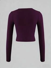 XLLAIS Sexy V-Neck Long Sleeve Cropped Top, Double-Layer High Elasticity Yoga Fabric Casual - Purplish-red - View 10
