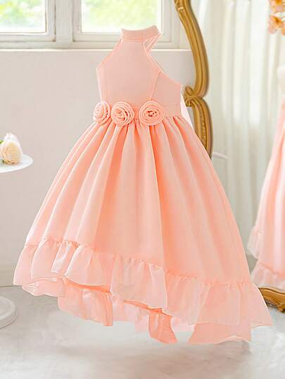 Tween Girls Elegant Off-Shoulder Floral Tail Wedding Bridesmaid Party Dress, Formal Birthday Banquet Princess Gown, Pink