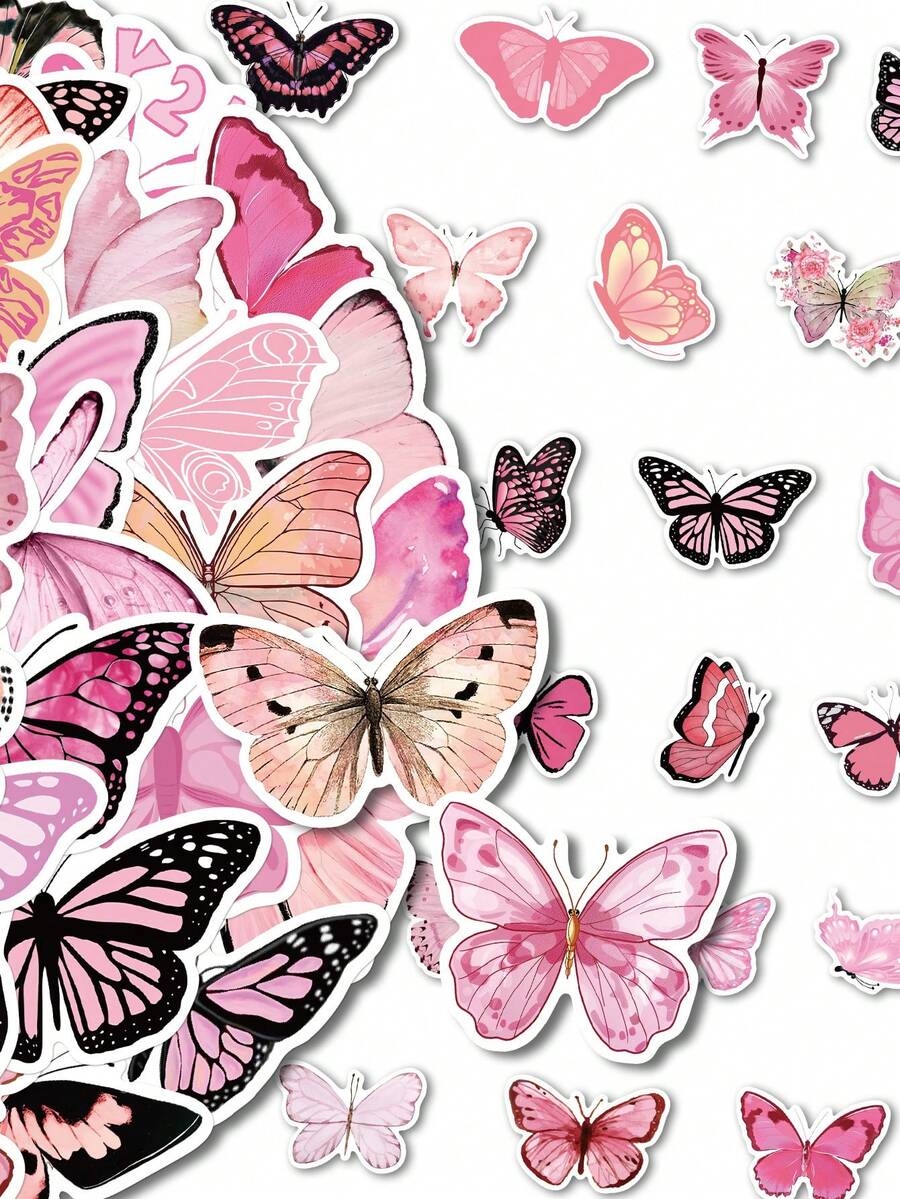 50pcs Cartoon Animal Pink Butterfly Doodle Notebook Stickers Stationery Suitcase Decorations Personalized Laptop Stickers - Multicolor - View 1