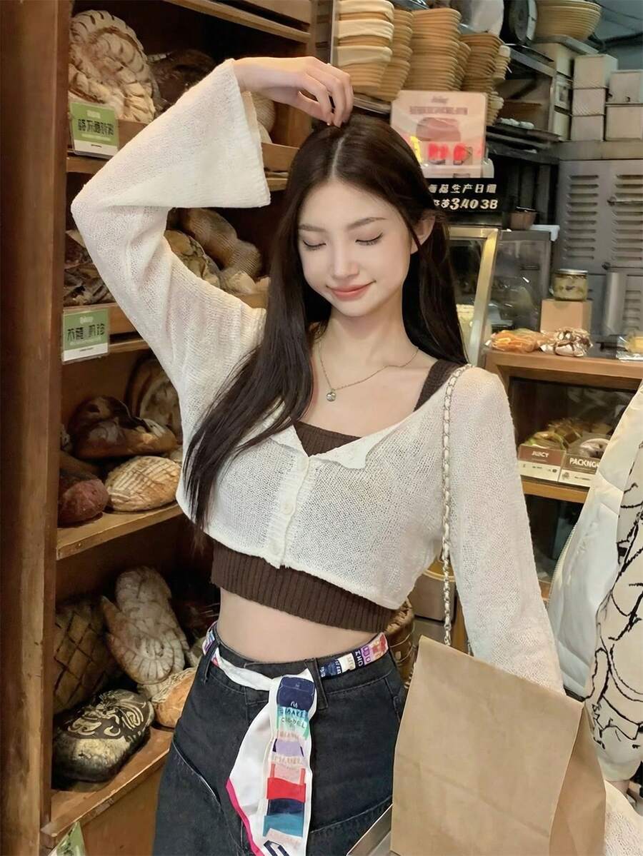 Women's Lightweight Hollow Out Cover Up, Short Crew Neck Open Front Long Sleeve Casual Crop Top, Spring/Summer - Apricot - View 1