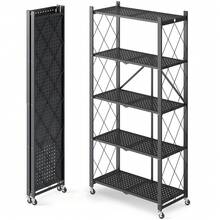 3/4/5 Tier Foldable Storage Shelves With Wheels, Large Capacity Shelving Unit, Freestanding Metal Wire Shelf Rack, No Assembly Organizer Rack For Garage Kitchen, Basement, Pantry(Black) - 黑色 - 查看 1