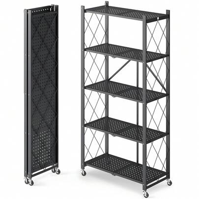 3/4/5 Tier Foldable Storage Shelves With Wheels, Large Capacity Shelving Unit, Freestanding Metal Wire Shelf Rack, No Assembly Organizer Rack For Garage Kitchen, Basement, Pantry(Black)