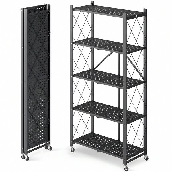 3/4/5 Tier Foldable Storage Shelves With Wheels, Large Capacity Shelving Unit, Freestanding Metal Wire Shelf Rack, No Assembly Organizer Rack For Garage Kitchen, Basement, Pantry(Black)