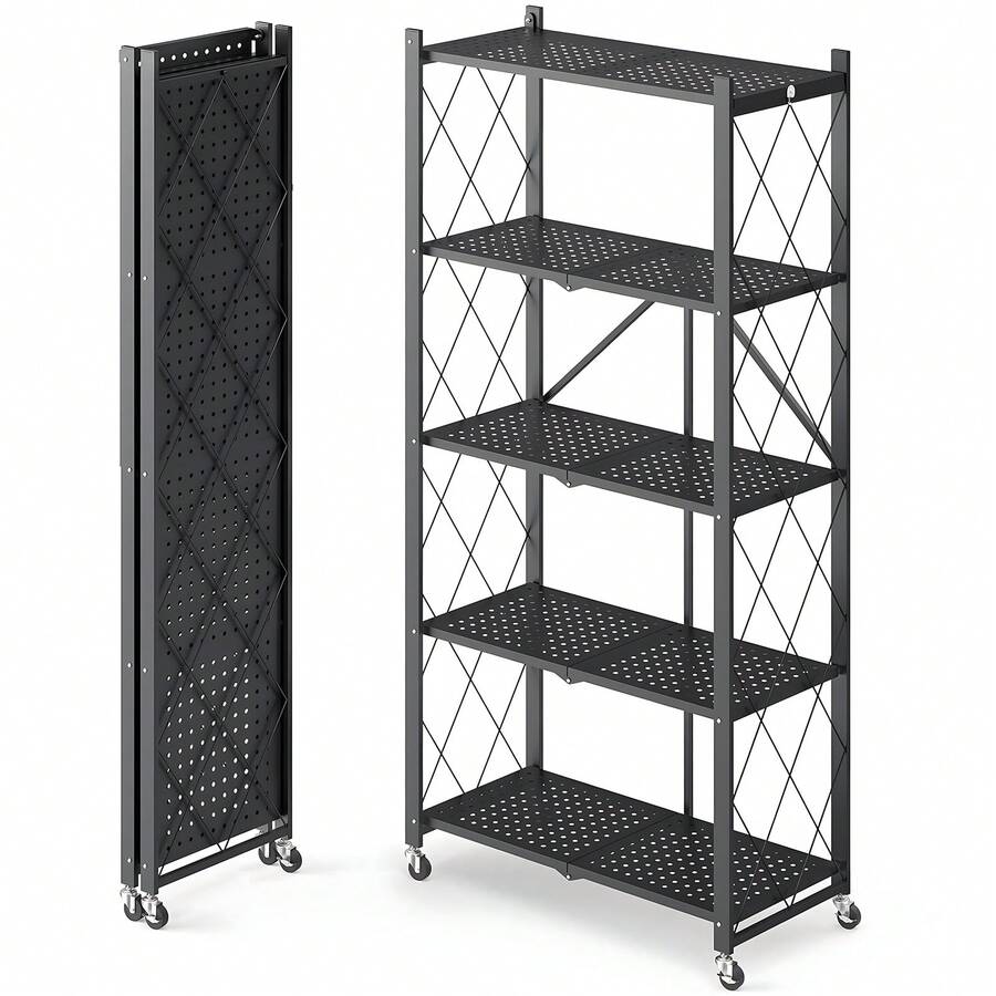 3/4/5 Tier Foldable Storage Shelves With Wheels, Large Capacity Shelving Unit, Freestanding Metal Wire Shelf Rack, No Assembly Organizer Rack For Garage Kitchen, Basement, Pantry(Black) - 黑色 - 查看 1