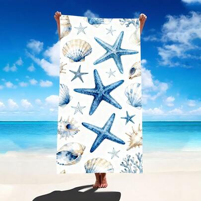 1 pieza Toalla de playa con estrella de mar y concha, manta de playa extra grande de microfibra súper suave, toalla de baño muy absorbente, adecuada para viajes, piscina, buceo, surf, yoga, camping, disponible en varios tamaños, accesorios de playa