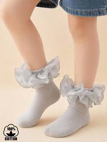 1 đôi tất ngắn bằng cotton dành cho bé gái, viền ren đính ngọc trai và kim sa, kiểu dáng công chúa thanh lịch. - Bạc - Xem 4