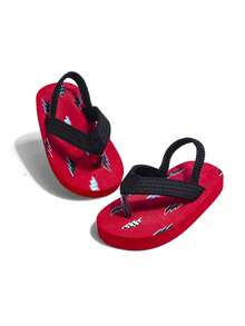 1 Pair Toddler Boys Lightning Print Flip Flops Lightweight Open Toe Thong Strap Flat Casual Sandals For Poolside Shower Shoes Tropical Trip - Red - View 3
