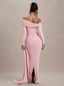 Elegant Solid Color Asymmetric Neck Ruched Formal Dress, Suitable For Wedding, Formal Dinner Party - Pink - View 2