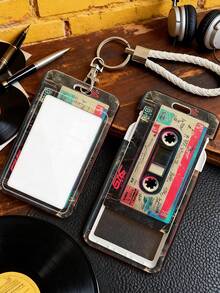 Retro Cassette Tape Style Card Holder, Sliding Design With Anti-Lost Lanyard, Durable Structure, Suitable For ID/Transit Cards/Other Cards, Retro Style, Protective, Shock & Scratch Resistant - Multicolor - View 2