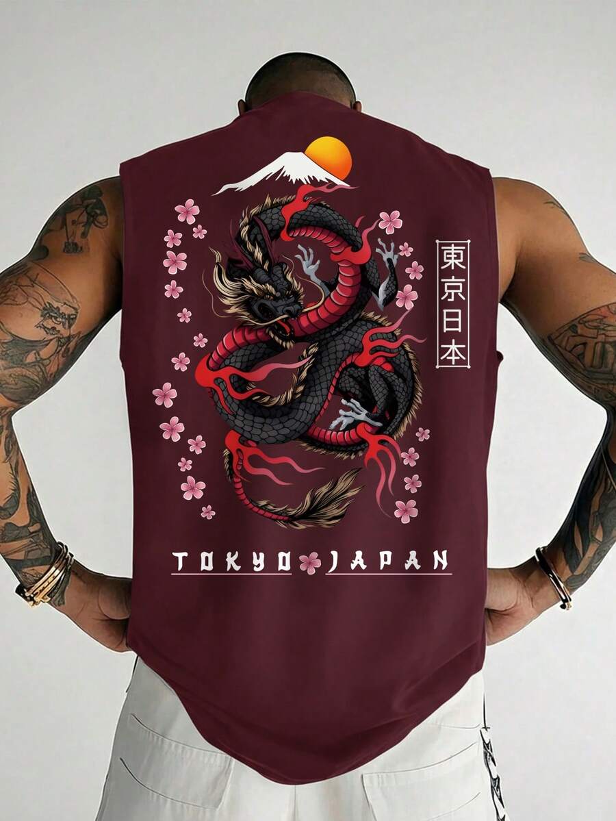 Men's Casual Loose Fit Tank Top, Creative Pattern, Versatile Daily Wear, Relaxed Loose Silhouette, Independent Style - Burgundy - View 1