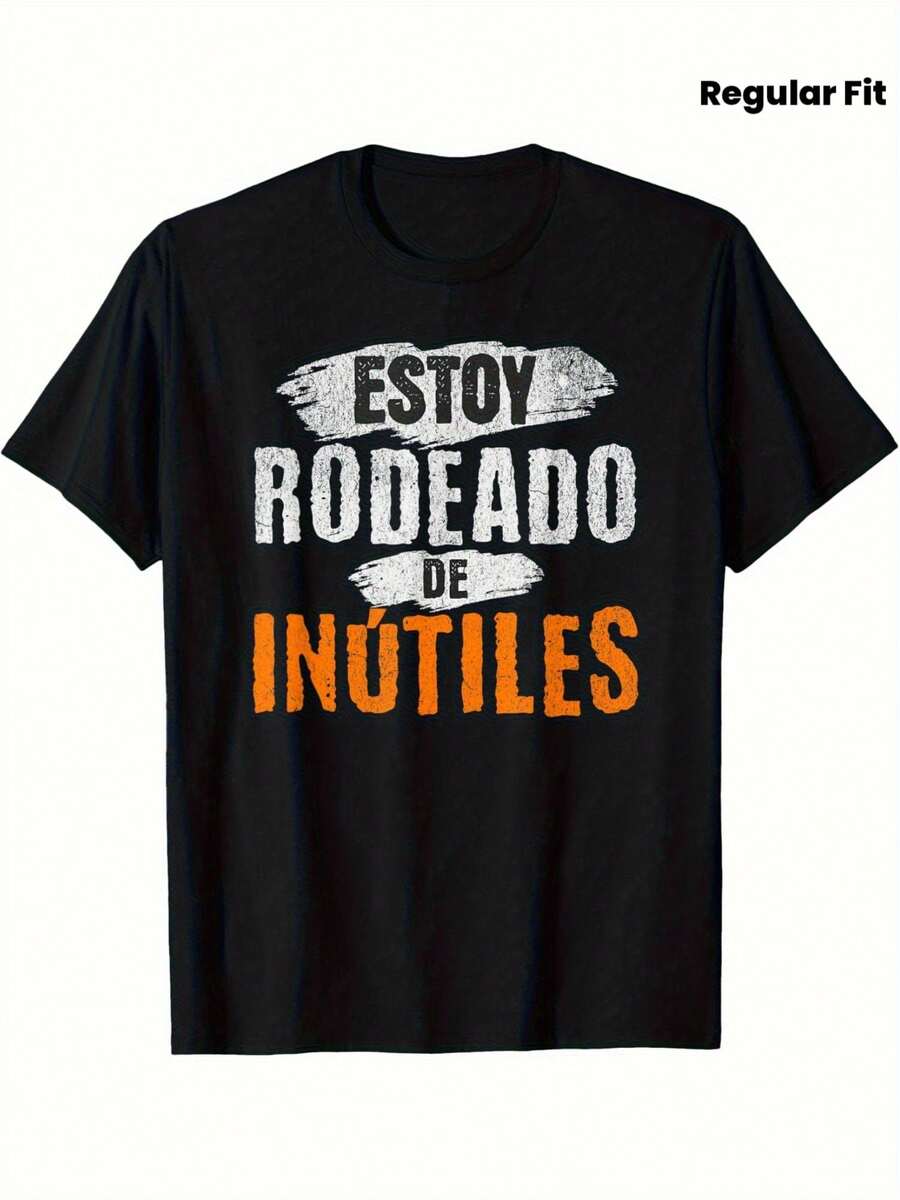 Camiseta para hombre con un dicho sarcástico en español sobre estar rodeado de personas ineptas - Negra con estampado blanco y naranja, estilo casual ligero de verano, corte regular, manga corta, lavable a máquina. - Negro - Ver 1