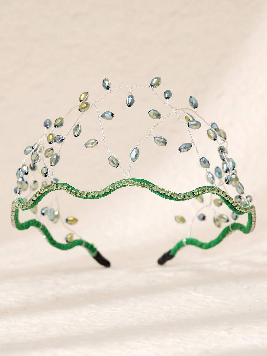 1件手工镂空网纱婚礼皇冠 - 优雅绿色水晶串珠新娘头饰，闪亮水钻新娘晚宴发饰，家居美发饰品