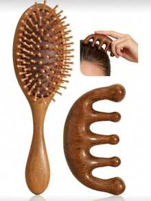 1/2件/套檀香木气垫梳套装，柔软气垫设计，适合女士美发造型，粗齿头部按摩梳，适用于头皮按摩、梳头、放松，男女通用，家居美发配件，美发造型套装，美发工具套装 - 彩色 - 查看 1