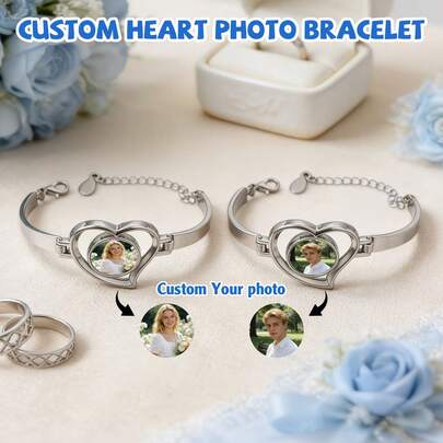 1 Custom Photo Heart Bracelet Stainless Steel, Silver Plated, Hollow Heart Style, Perfect For Weddings, Valentine's Day, Mother's Day, Daily Wear Or As A Fashion Accessory To Express Love As A Gift