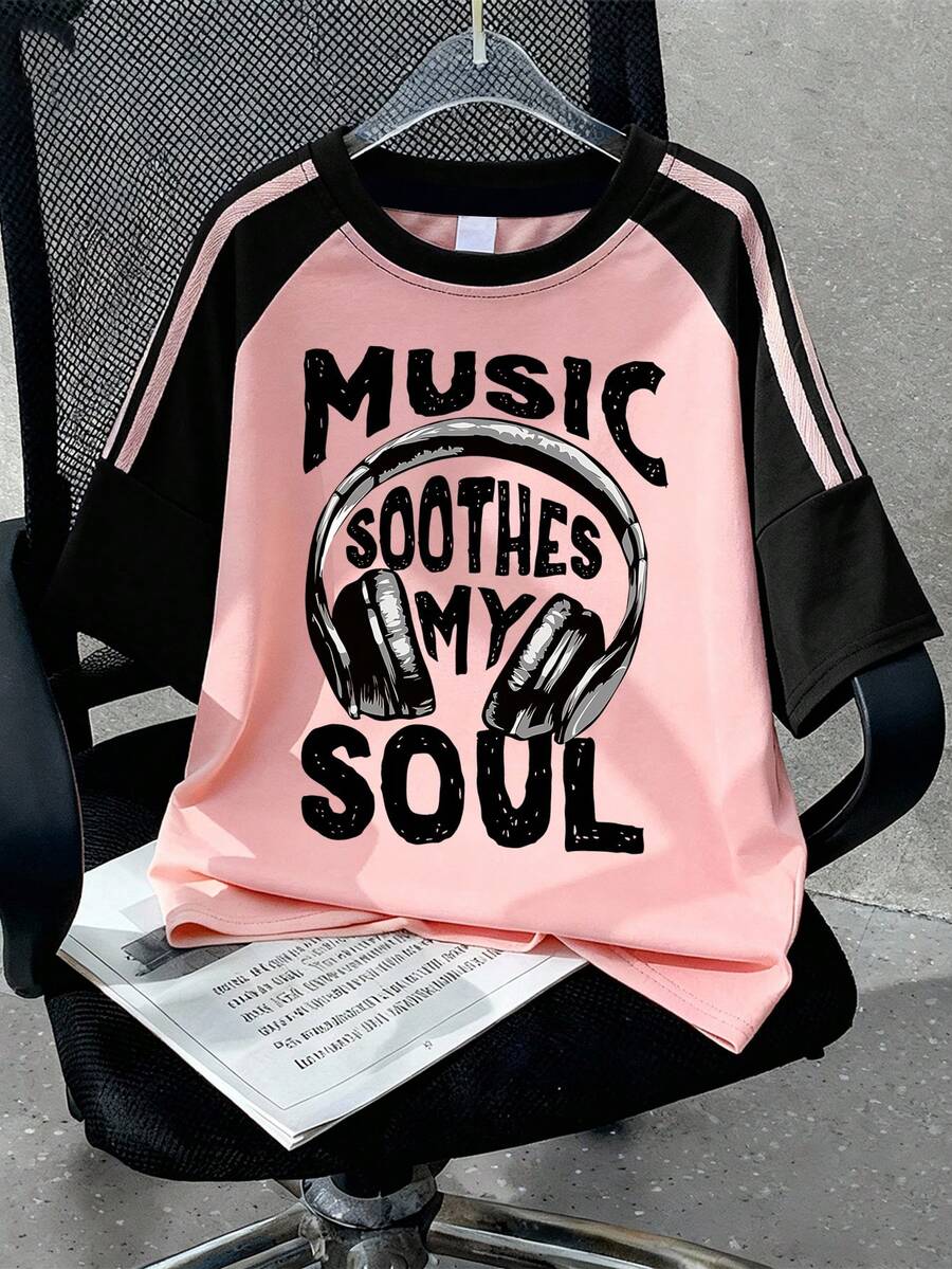 1 Peça Camiseta de Manga Curta com Estampa de Fone de Ouvido, Gola Redonda Casual para Meninas Adolescentes, Camiseta de Verão Adequada para Escola, Férias, Compras e Festa - Rosa chiclete - Visão 1