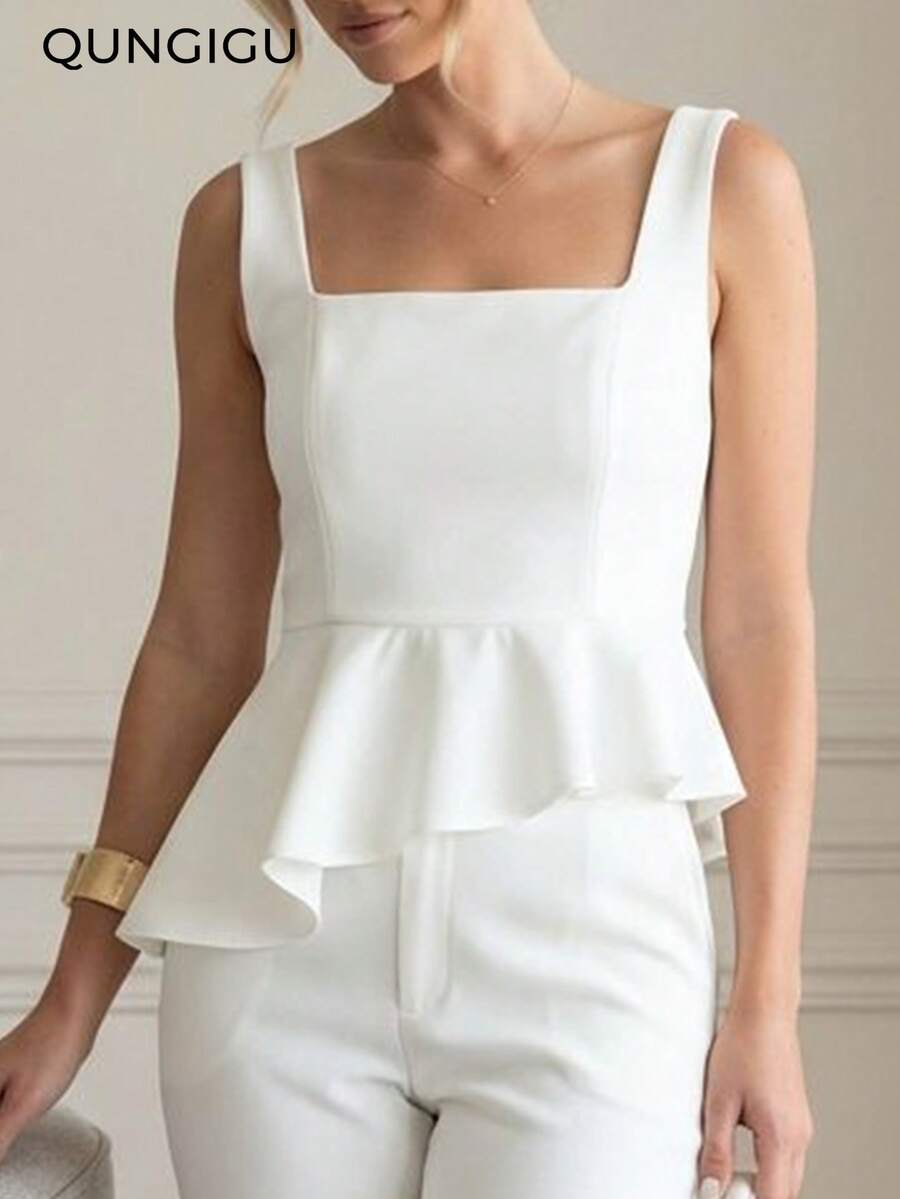 Women's Summer White Sleeveless Square Neck Fitted Asymmetric Ruffle Hem Blouse, Elegant For Evening Party And Date - White - View 1