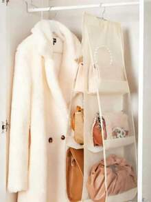 6/8 Compartment Space-Saving Storage Bag, Multi-Layer Hanging Wallet/Purse Organizer Rack, Suitable For Wardrobe/Closet, Foldable Design For Easy Storage When Not In Use, Portable, Applicable For Bedroom, Living Room, Hallway, Wardrobe, Closet Or Shelves, Organizing & Decorative - 米色 - 查看 4