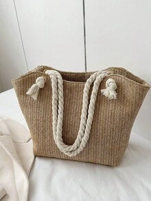 Bolso de playa de paja para vacaciones de verano, de gran capacidad, de moda, versátil, bolso de hombro casual - Caqui claro - Ver 7