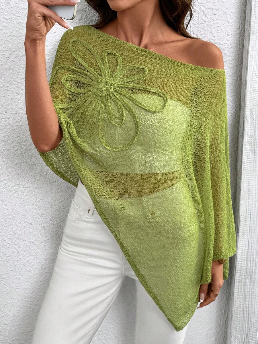 大码纯色不对称下摆披肩式针织上衣，夏季款 - 綠色 - 查看 1