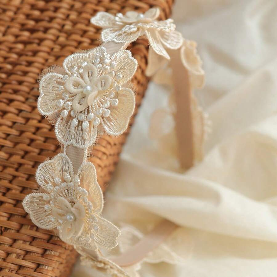 Angel Neitiri 1pc Floral Headband Hair Accessory, Handmade Lace Headband, Fits All Head Sizes, Suitable For Teenagers - Dusty Pink - View 1