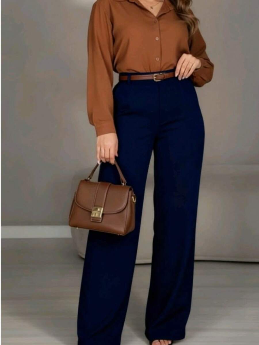 Women's Wide Leg Tailored Trousers With High Waist, Simple Zipper, Pockets, Sizes PP To GG, Office, Formal Evening And Night Wear, Modern Winter, Premium Textured Fabric - 藏蓝色 - 查看 1