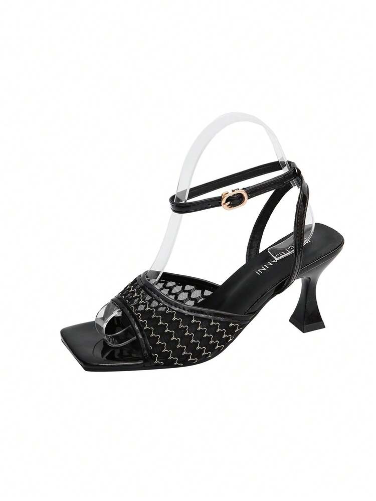 Women's Square Toe High Heel Sandals, Summer Backless Lace-Up Open Toe Elegant High Heels, Sexy Nude Color Mesh Hollow-Out Pumps - Black - View 18