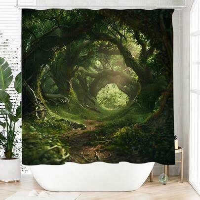 1件卡通森林图案浴帘，涤纶材质，防水，不遮光，适合家居和浴室装饰，配有12个挂钩