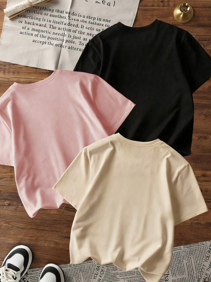 3pcs/Set Young Girls' Casual Cute Capybara Printed Short Sleeve Round Neck T-Shirts, Suitable For Summer Wear - Multicolor - View 1