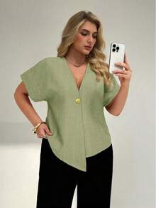Stylish Plus Size Short Sleeve V Neck Woven Top Featuring Gold Button And Asymmetrical Hem Blouse Blouse For Women Plus Size Elegant Summer - Mint Green - View 12